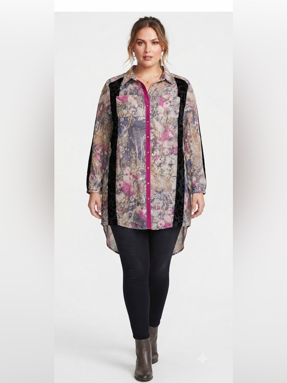 Aratta Silent Journey Floral Print Tunic Shirt with Black Velvet Panels Size XL